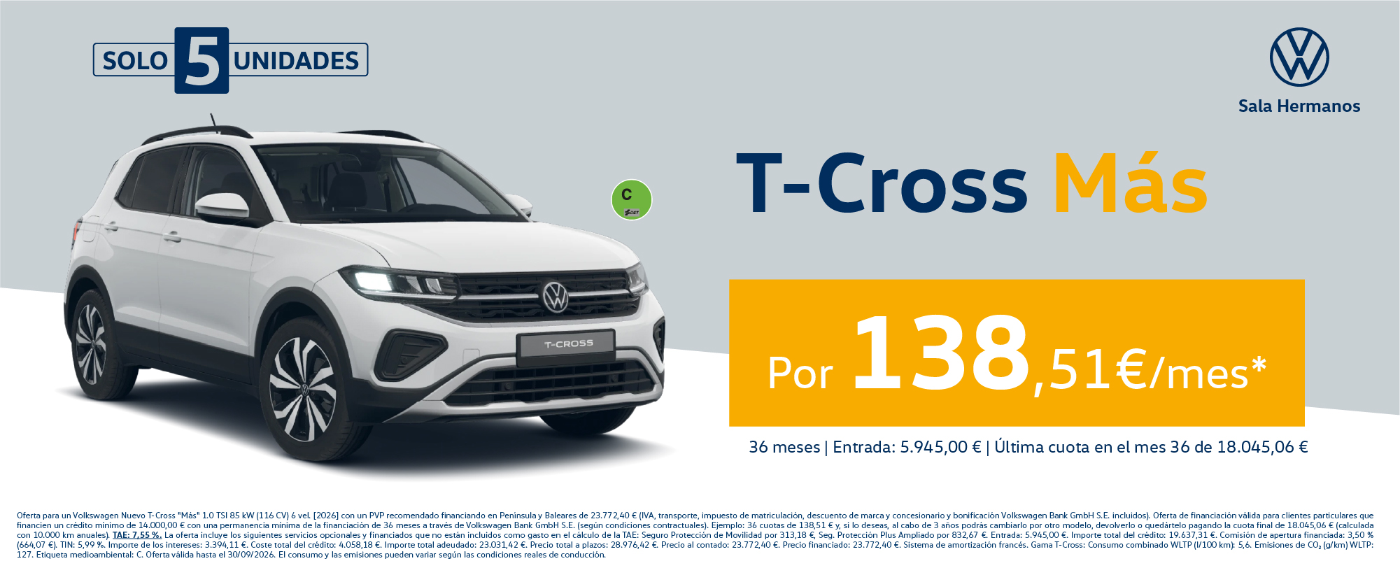 ¡Promoción Online! T-Cross MÁS por solo 138,51€/mes*